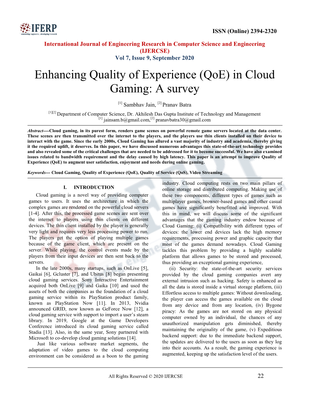 Enhancing Quality of Experience (Qoe) in Cloud Gaming: a Survey