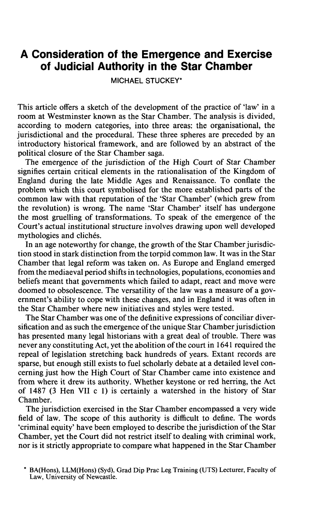 A Consideration of the Emergence and Exercise of Judicial Authority in the Star Chamber MICHAEL STUCKEY*