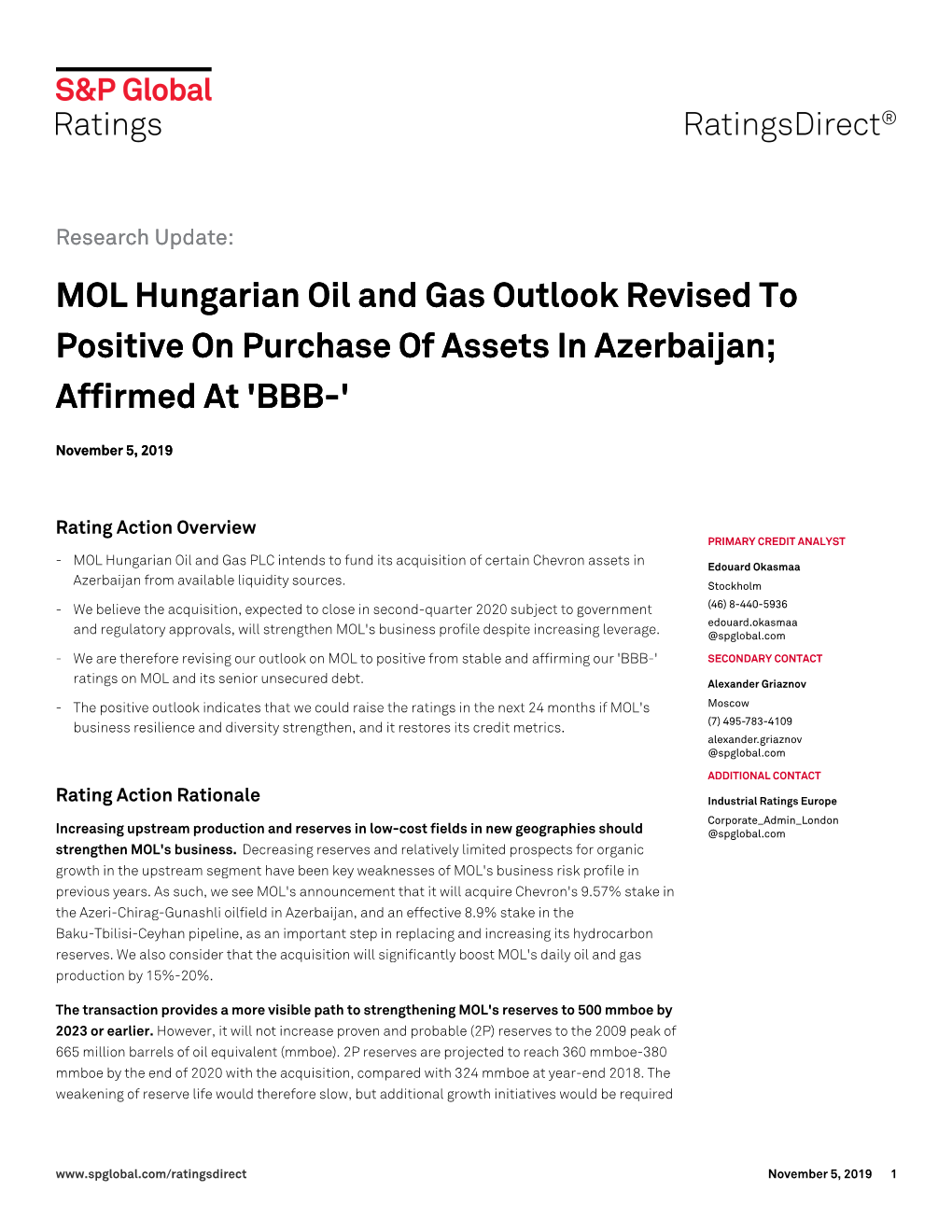 MOL Hungarian Oil and Gas Outlook Revised to Positive on Purchase of Assets in Azerbaijan; Affirmed at 'BBB-'