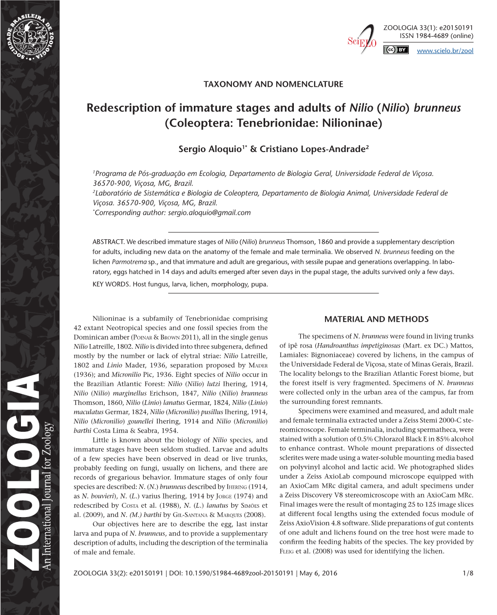 Redescription of Immature Stages and Adults of Nilio (Nilio) Brunneus (Coleoptera: Tenebrionidae: Nilioninae)