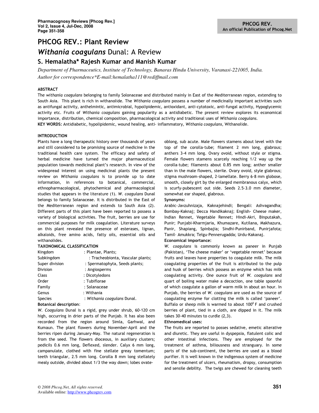 PHCOG REV.: Plant Review Withania Coagulans Dunal: a Review S