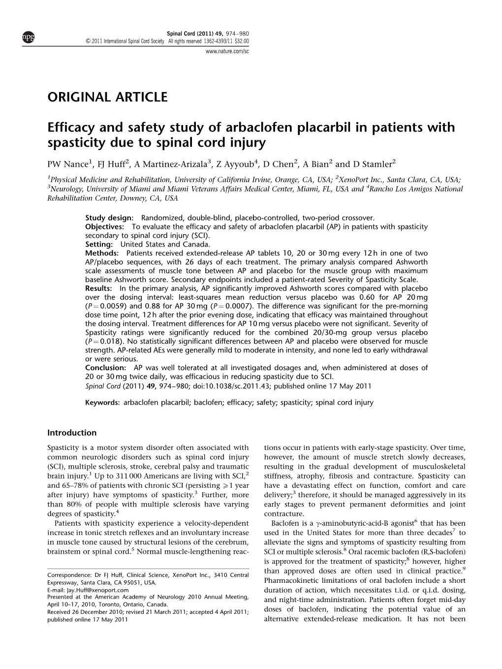 Efficacy and Safety Study of Arbaclofen Placarbil in Patients with Spasticity Due to Spinal Cord Injury