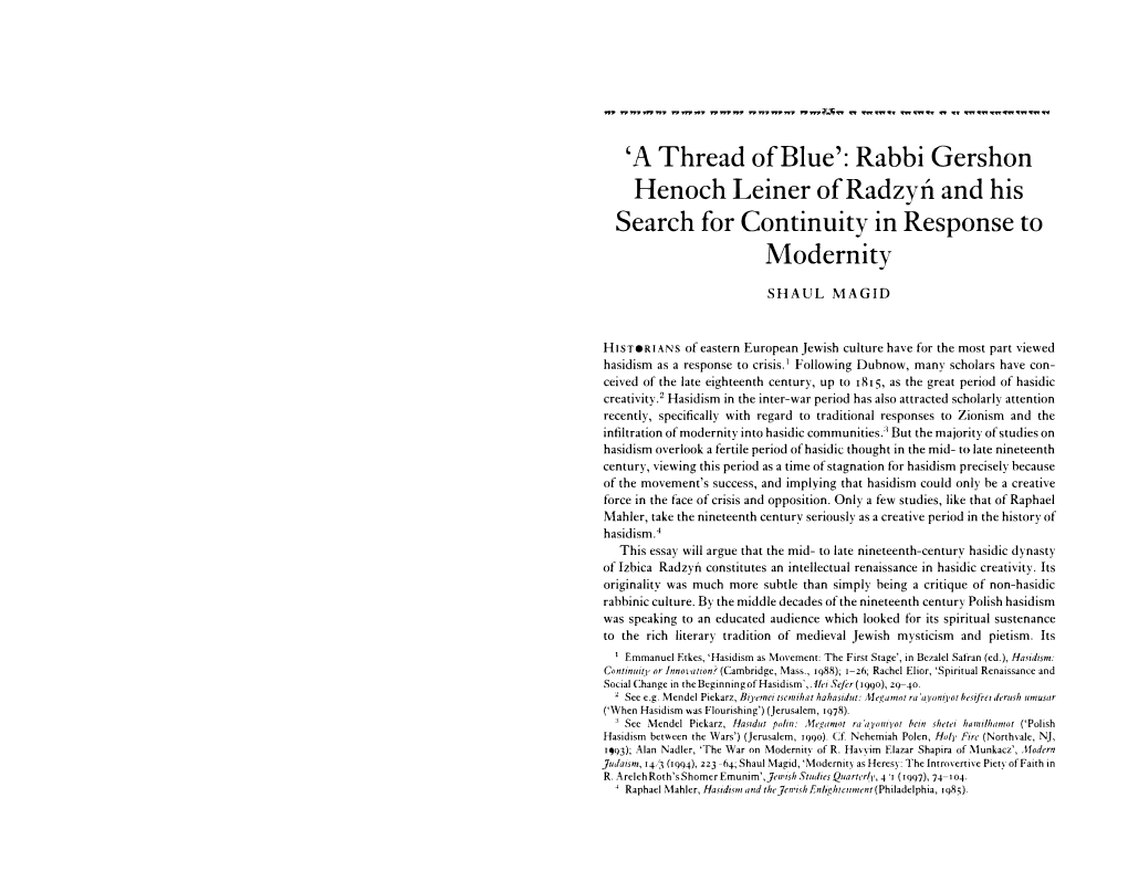 'A Thread Ofblue': Rabbi Gershon Henoch Leiner of Radzyn and His Search for Continuity in Response to Modernity