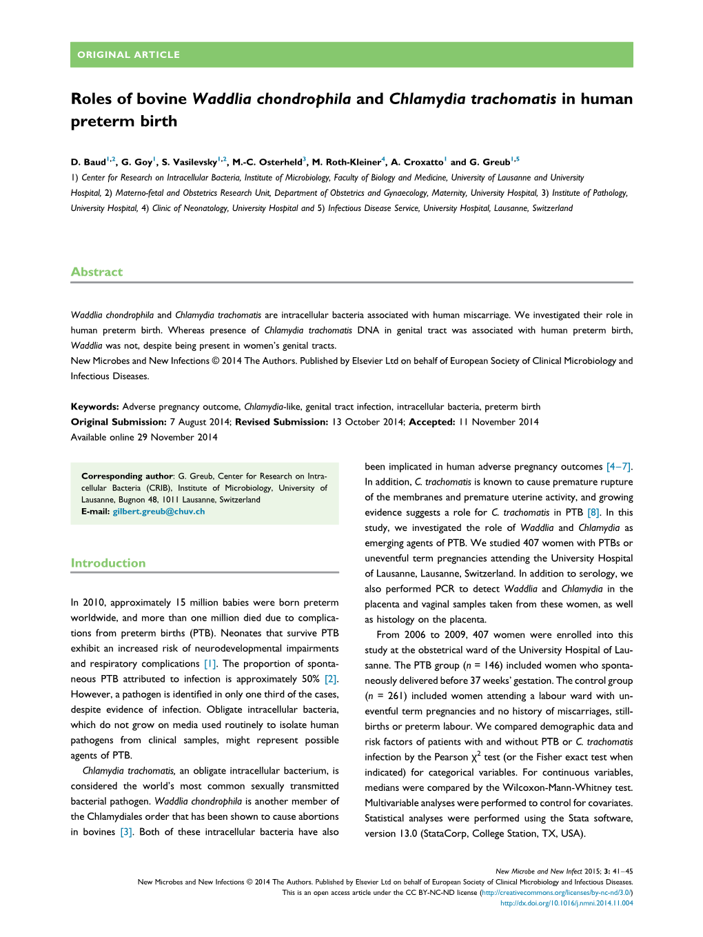 Roles of Bovine Waddlia Chondrophila and Chlamydia Trachomatis in Human Preterm Birth