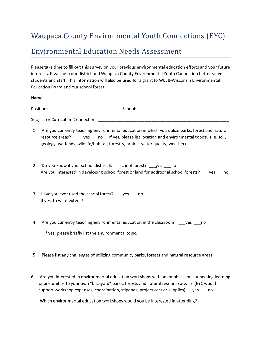 Waupaca County Environmental Youth Connections (EYC)