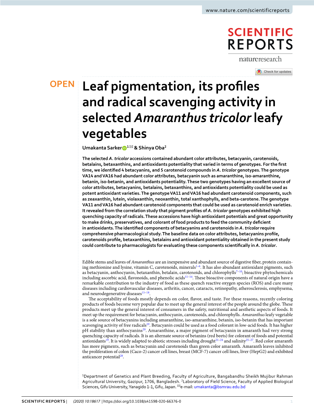 Leaf Pigmentation, Its Profiles and Radical Scavenging Activity in Selected Amaranthus Tricolor Leafy Vegetables