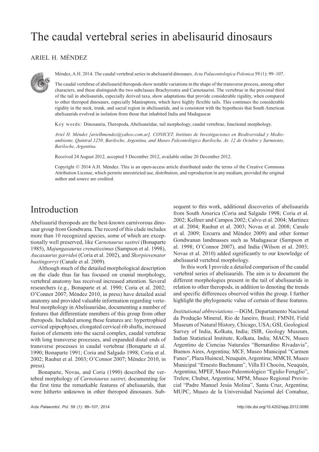 The Caudal Vertebral Series in Abelisaurid Dinosaurs