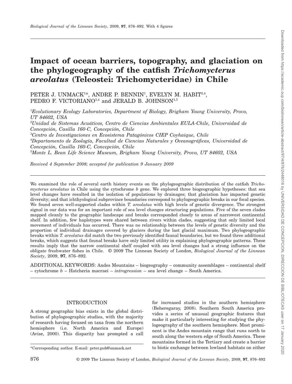 Impact of Ocean Barriers, Topography, and Glaciation on the Phylogeography of the Catﬁsh Trichomycterus