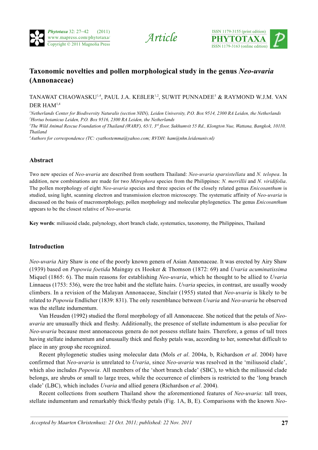 Taxonomic Novelties and Pollen Morphological Study in the Genus Neo-Uvaria (Annonaceae)