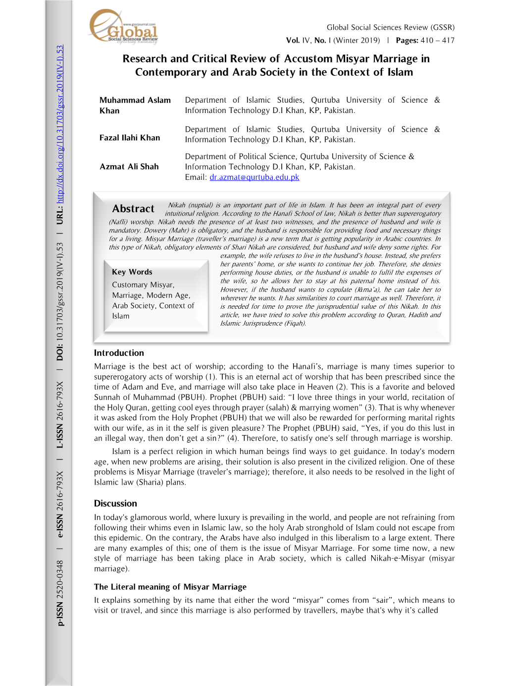 Research and Critical Review of Accustom Misyar Marriage in Contemporary and Arab Society in the Context of Islam Abstract