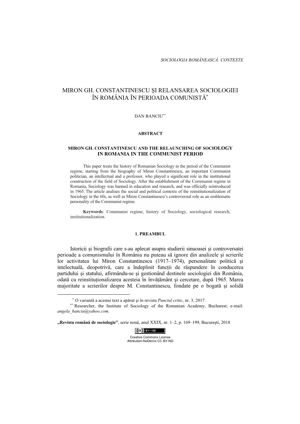 Miron Gh. Constantinescu Şi Relansarea Sociologiei În România În Perioada Comunistă∗