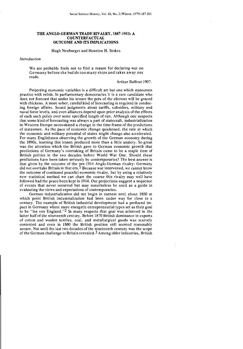 The Anglo-German Trade Rivalry, 1887-1913: a Counterfactual Outcome and Its Implications