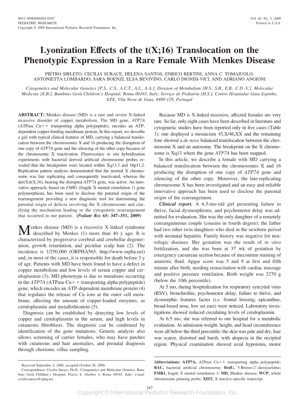 Lyonization Effects of the T(X;16) Translocation on the Phenotypic Expression in a Rare Female with Menkes Disease