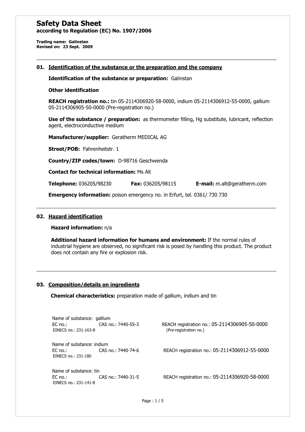 Safety Data Sheet According to Regulation (EC) No