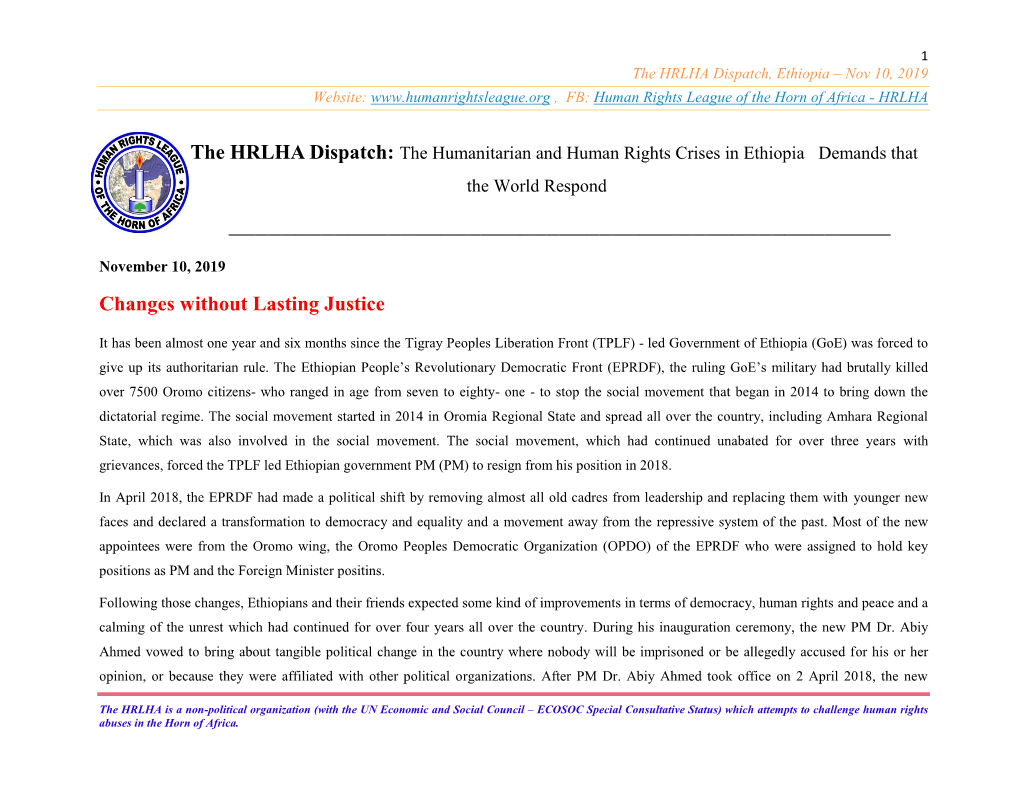 The HRLHA Dispatch, Ethiopia – Nov 10, 2019 Website: , FB: Human Rights League of the Horn of Africa - HRLHA