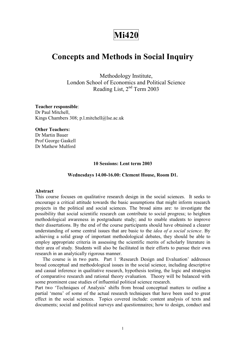 Concepts and Methods in Social Inquiry