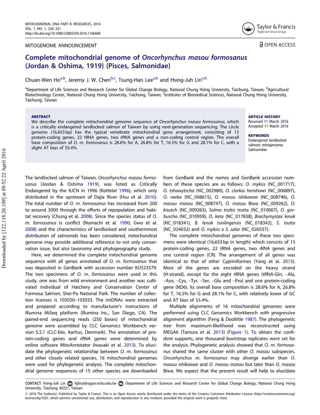 Complete Mitochondrial Genome of Oncorhynchus Masou Formosanus (Jordan & Oshima, 1919) (Pisces, Salmonidae)