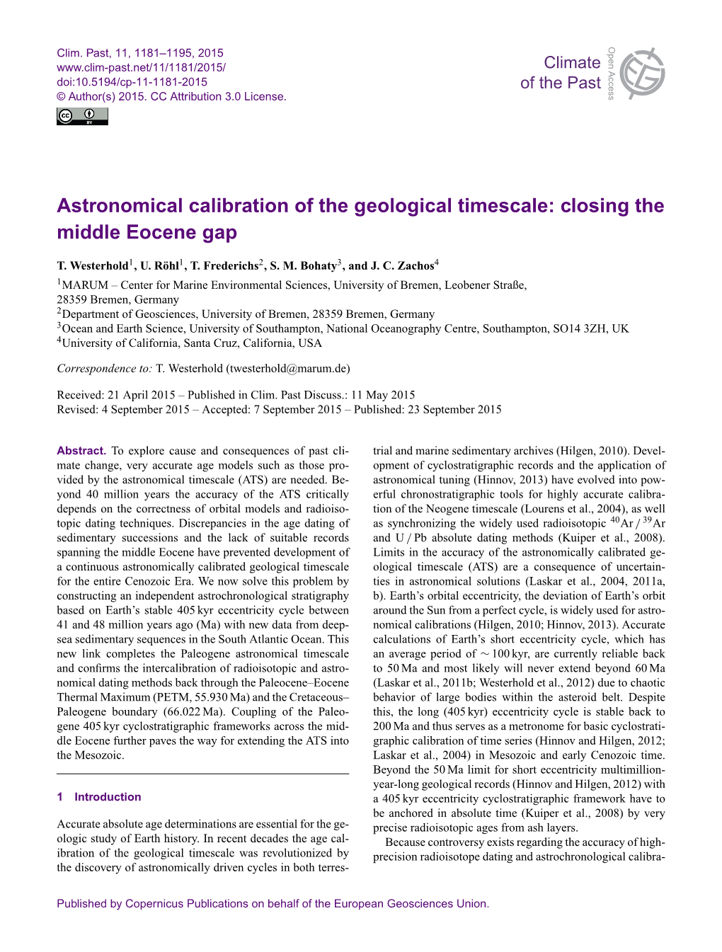 Astronomical Calibration of the Geological Timescale: Closing the Middle Eocene Gap