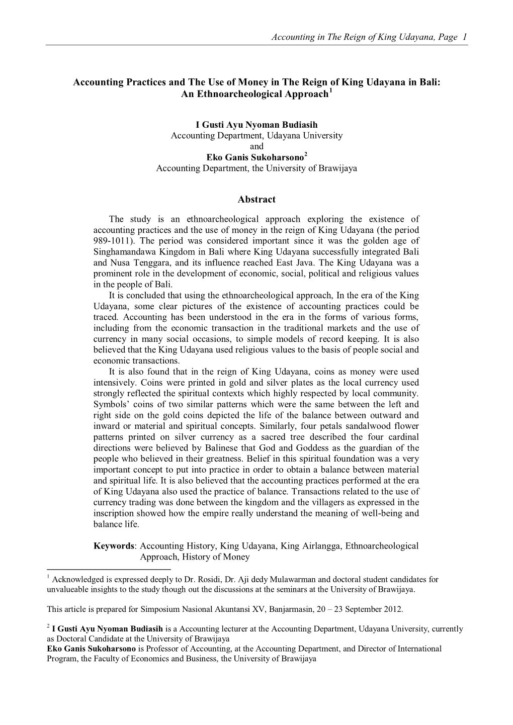 Accounting Practices and the Use of Money in the Reign of King Udayana in Bali: an Ethnoarcheological Approach1