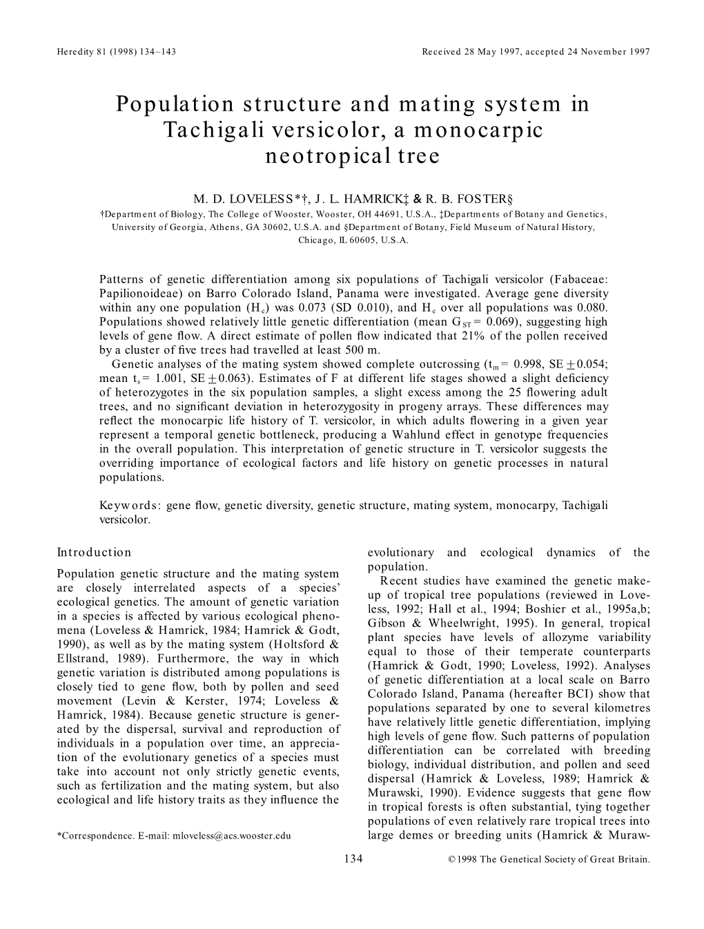 Population Structure and Mating System in Tachigali Versicolor, a Monocarpic Neotropical Tree