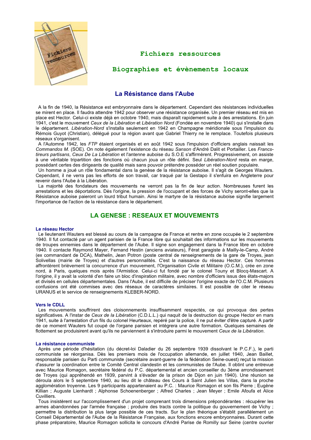 Fichiers Ressources Biographies Et Évènements Locaux