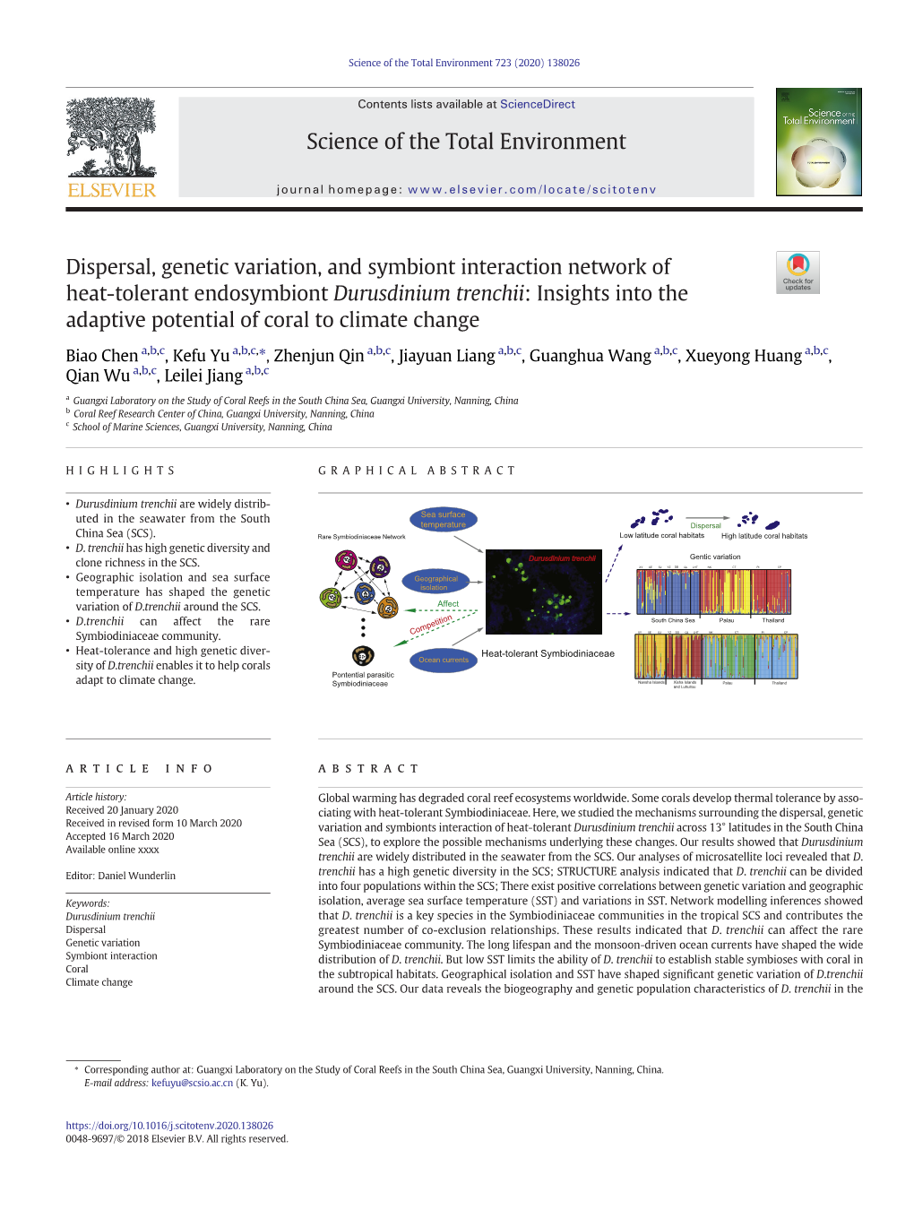 Dispersal, Genetic Variation, and Symbiont Interaction Network of Heat-Tolerant Endosymbiont Durusdinium Trenchii