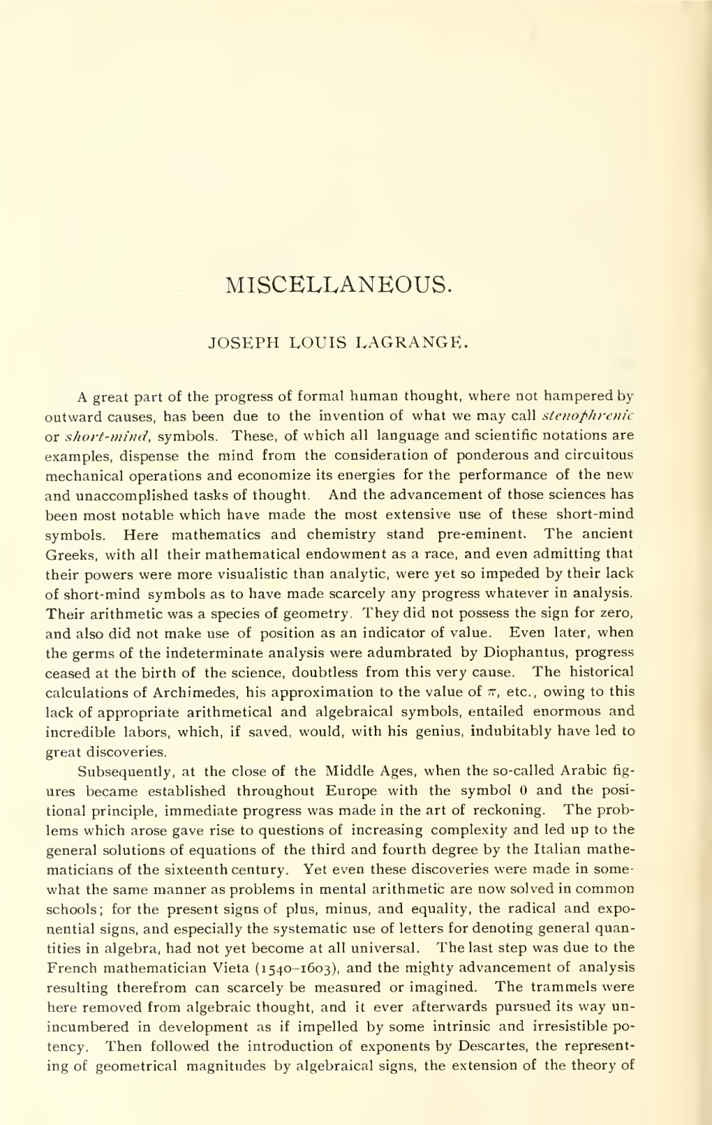 Joseph Louis Lagrange. Mathematician. Biographical Sketch