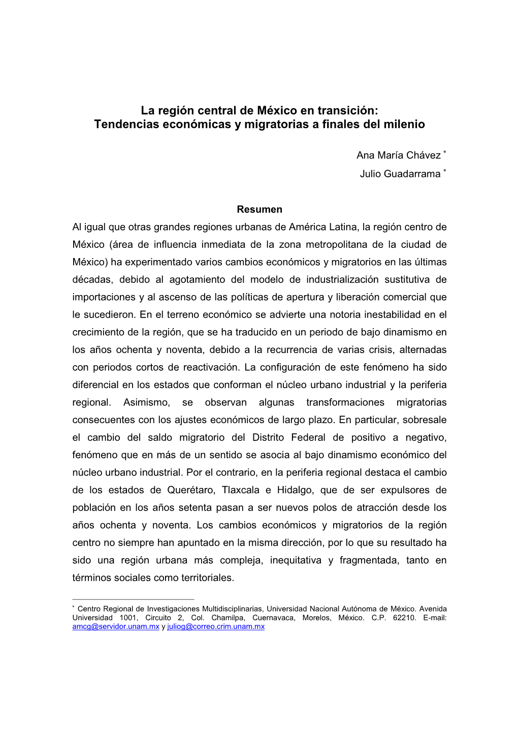 La Región Central De México En Transición: Tendencias Económicas Y Migratorias a Finales Del Milenio