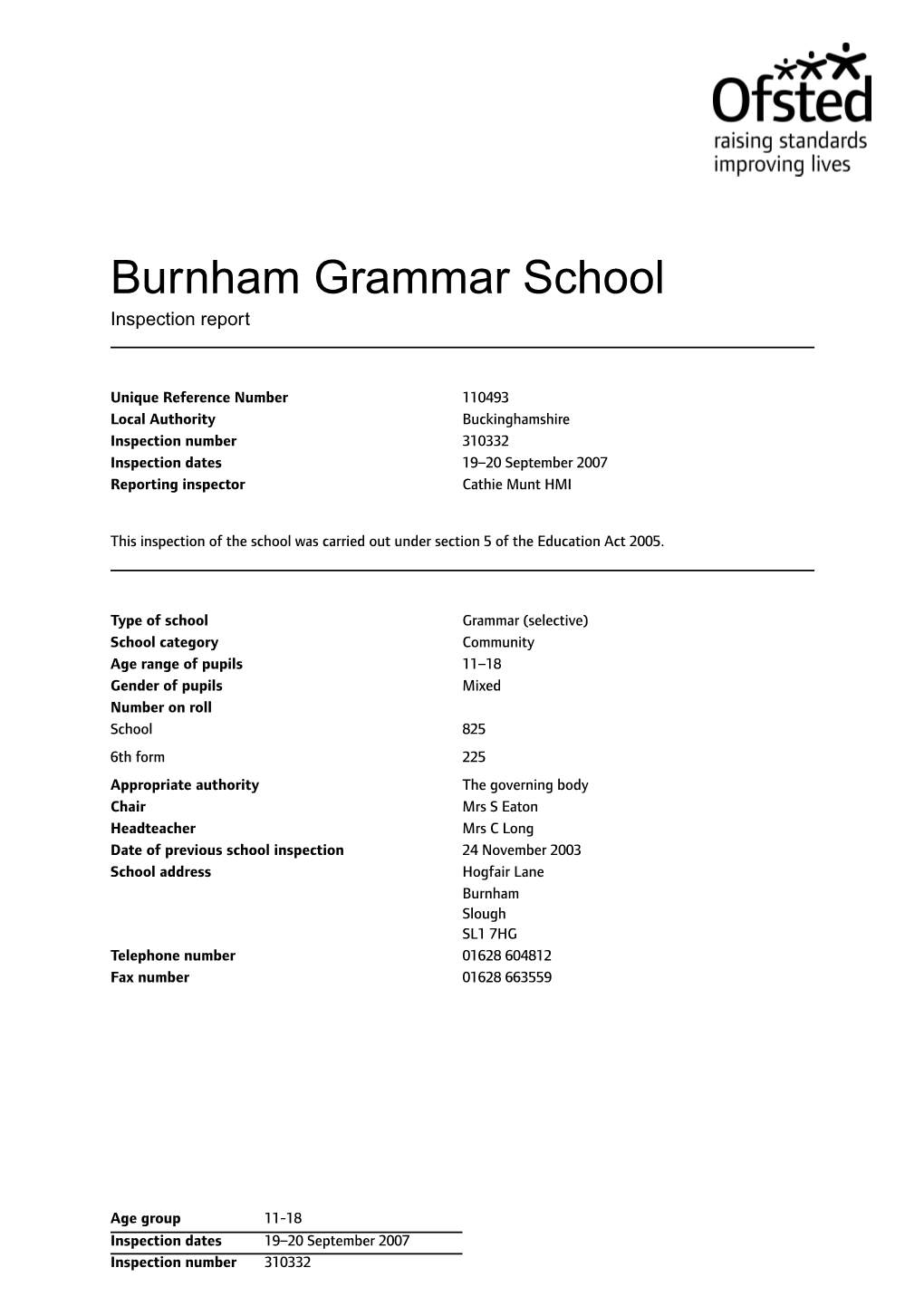 Burnham Grammar School Inspection Report