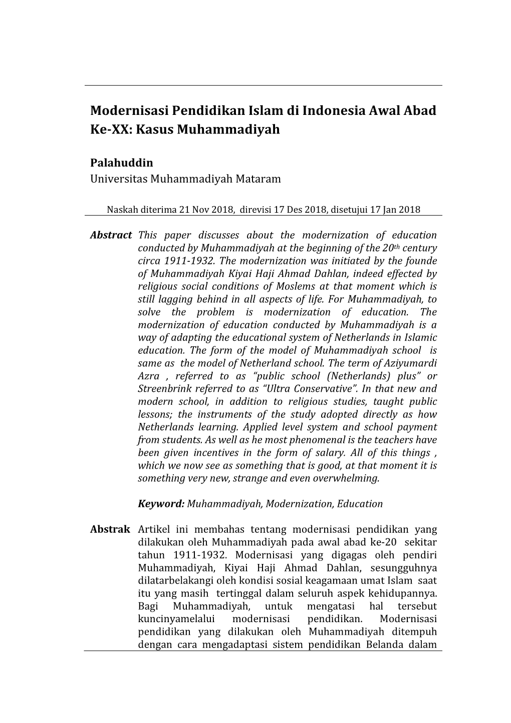 Modernisasi Pendidikan Islam Di Indonesia Awal Abad Ke-XX: Kasus Muhammadiyah