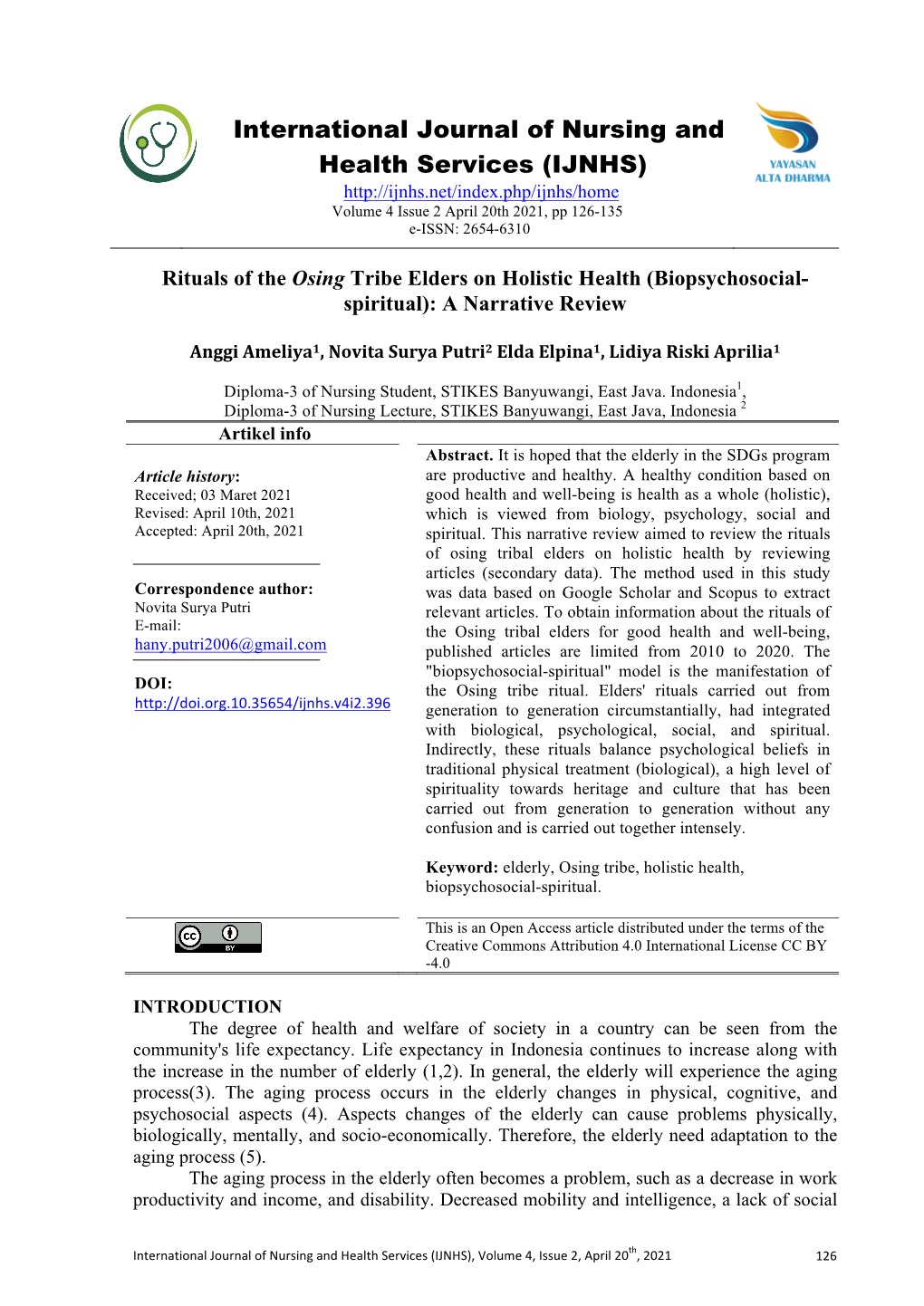 International Journal of Nursing and Health Services (IJNHS) Volume 4 Issue 2 April 20Th 2021, Pp 126-135 E-ISSN: 2654-6310