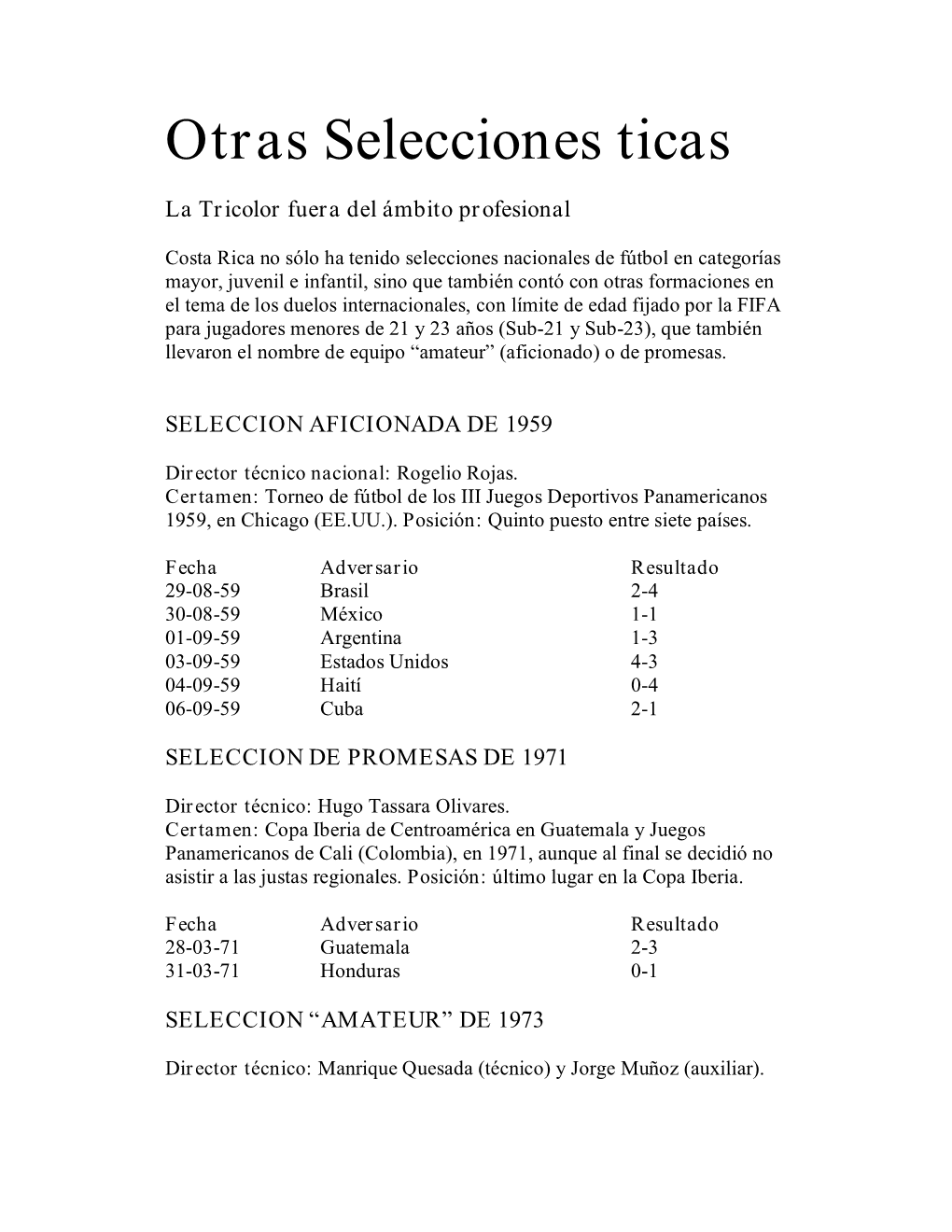 Otras Selecciones Ticas