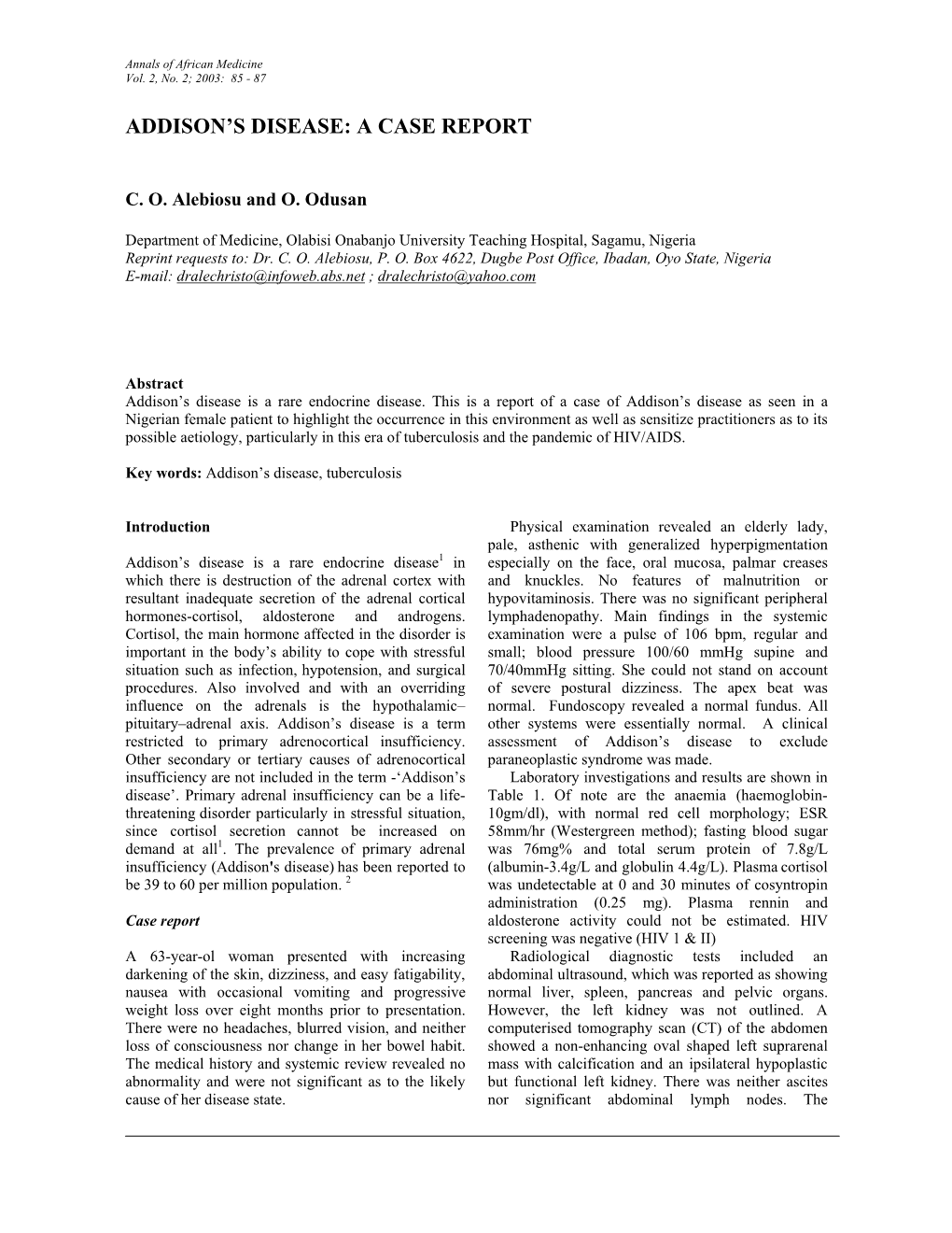 Addison's Disease: a Case Report