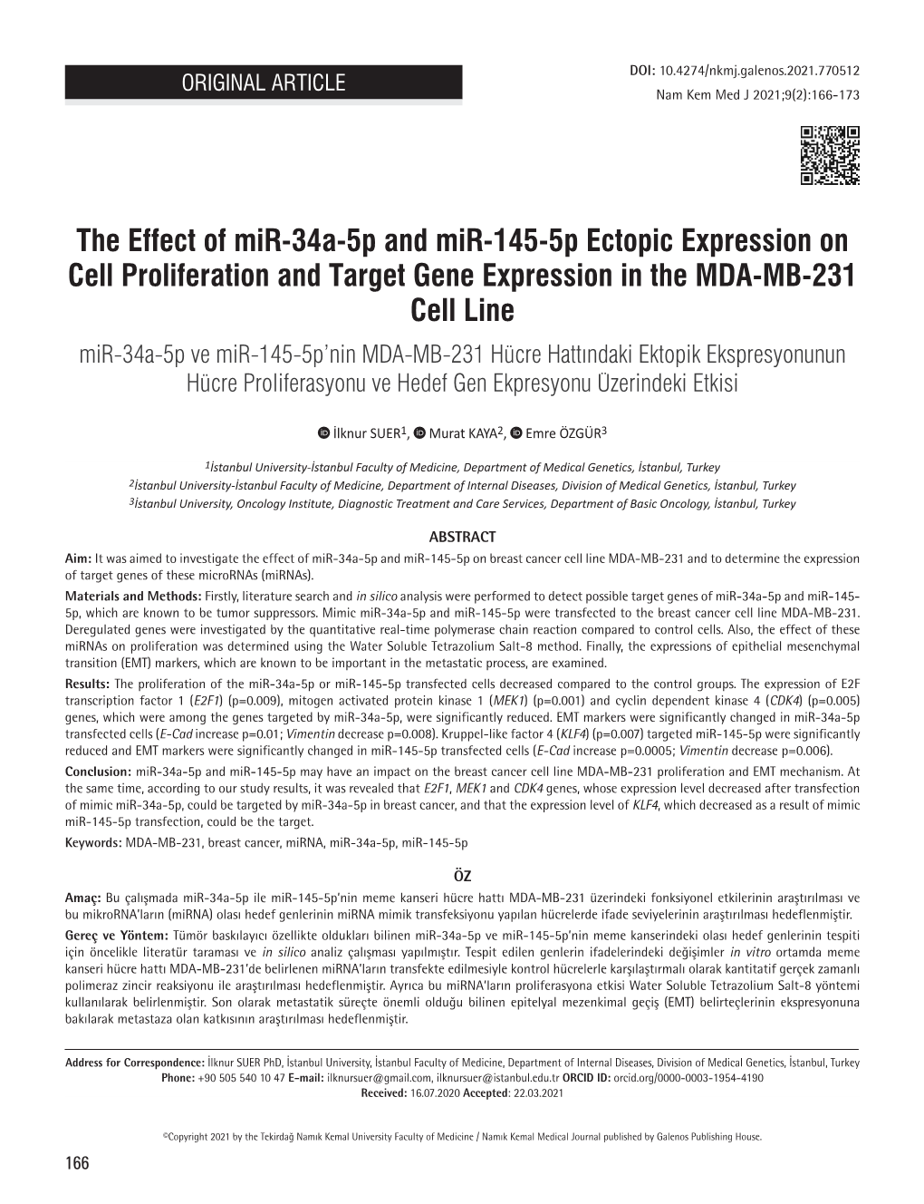 The Effect of Mir-34A-5P and Mir-145-5P Ectopic Expression On