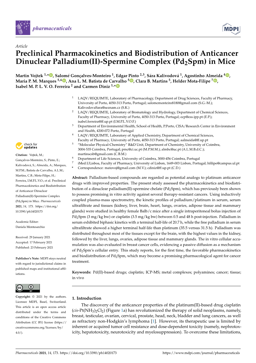 Preclinical Pharmacokinetics and Biodistribution of Anticancer Dinuclear Palladium(II)-Spermine Complex (Pd2spm) in Mice