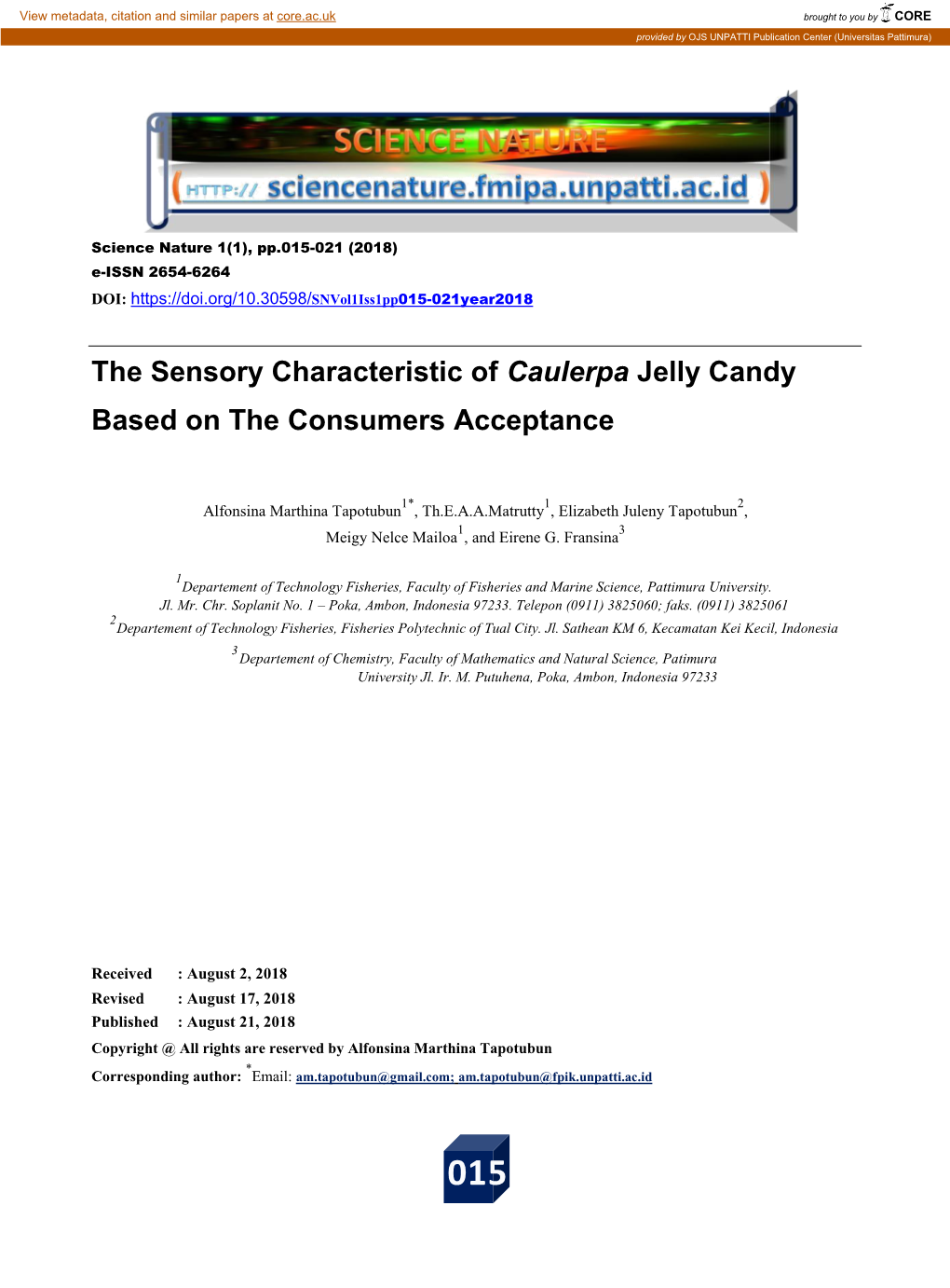 The Sensory Characteristic of Caulerpa Jelly Candy Based on the Consumers Acceptance