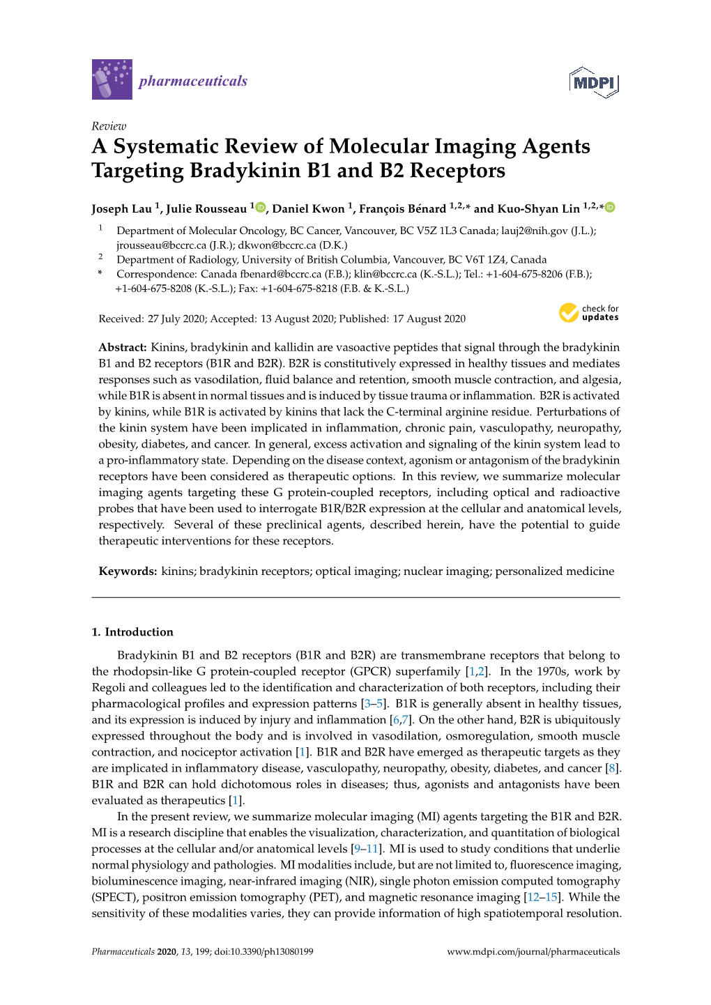 A Systematic Review of Molecular Imaging Agents Targeting Bradykinin B1 and B2 Receptors