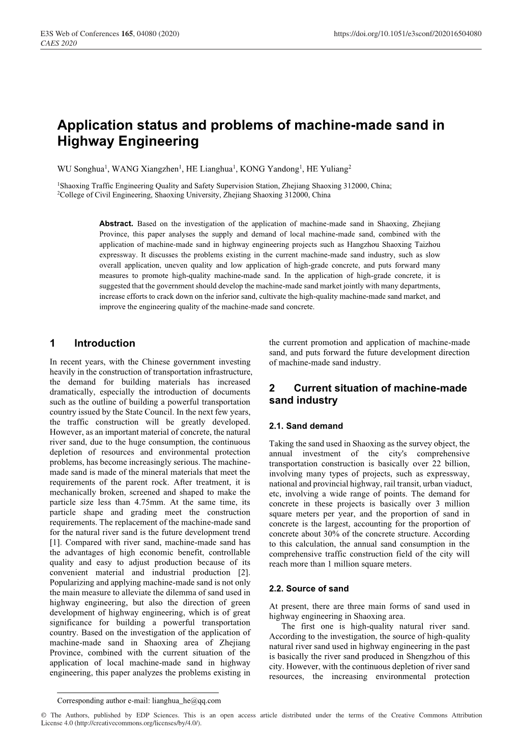 Application Status and Problems of Machine-Made Sand in Highway Engineering