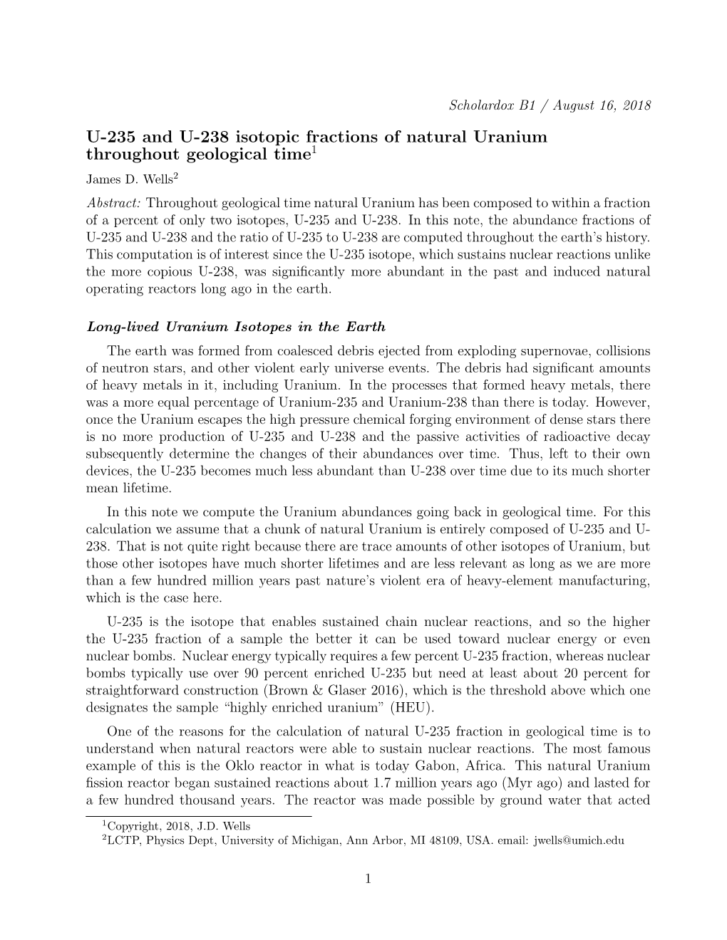 U-235 and U-238 Isotopic Fractions of Natural Uranium Throughout Geological Time1 James D