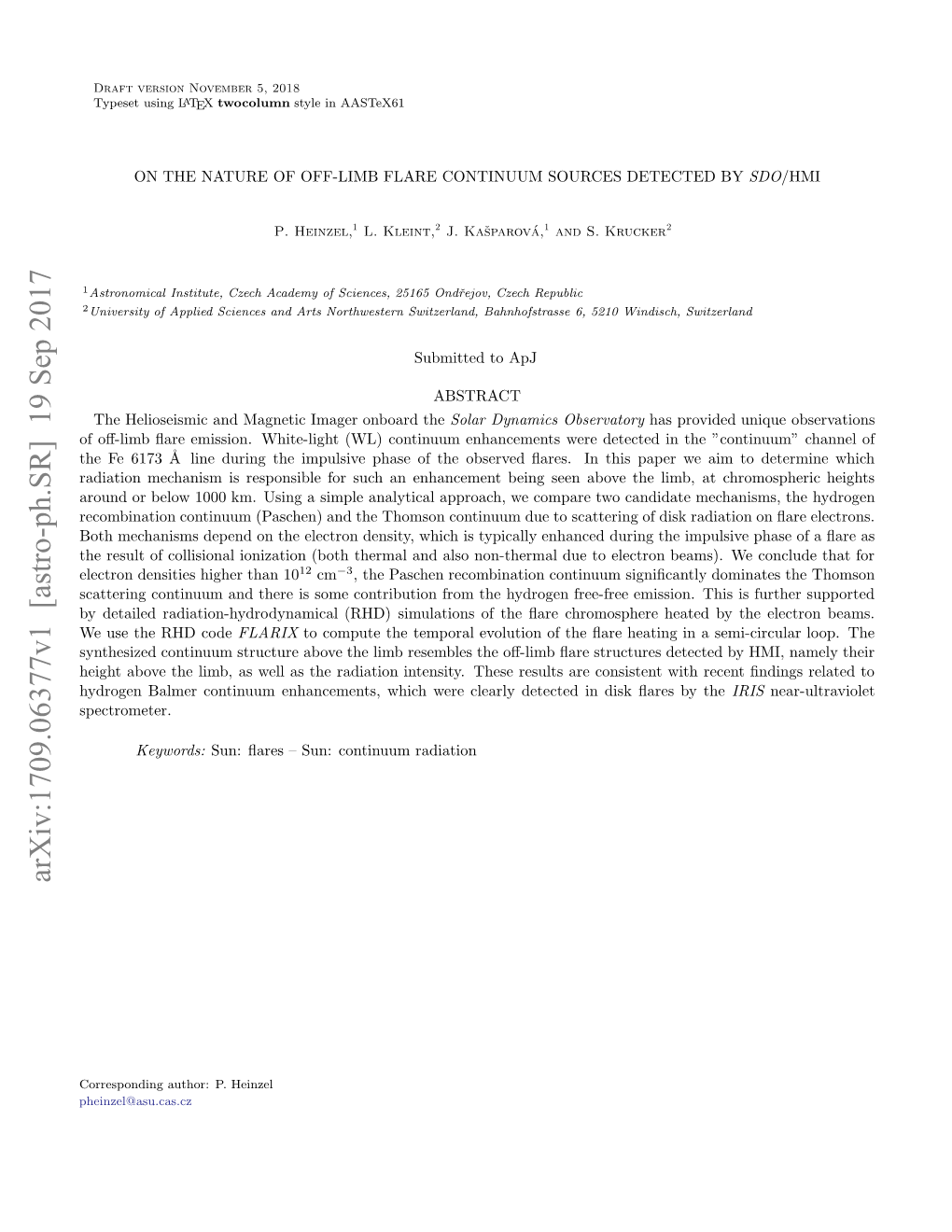 Arxiv:1709.06377V1 [Astro-Ph.SR] 19 Sep 2017 Pheinzel@Asu.Cas.Cz Orsodn Uhr .Heinzel P