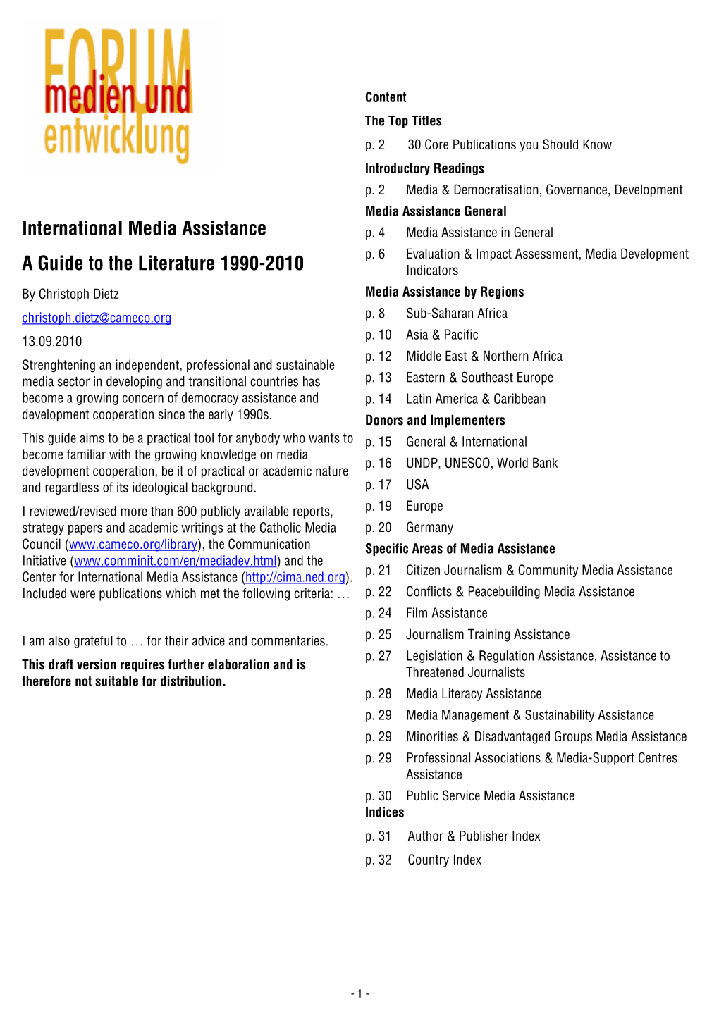 International Media Assistance a Guide to the Literature 1990-2010