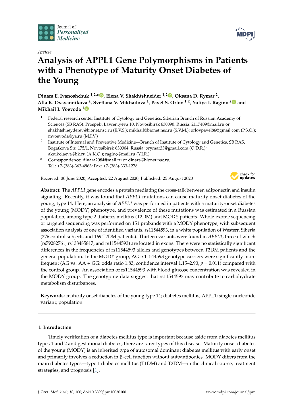 Analysis of APPL1 Gene Polymorphisms in Patients with a Phenotype of Maturity Onset Diabetes of the Young