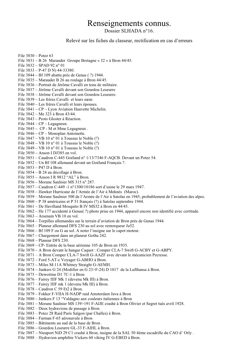 Renseignements Connus. Dossier SLHADA N°16