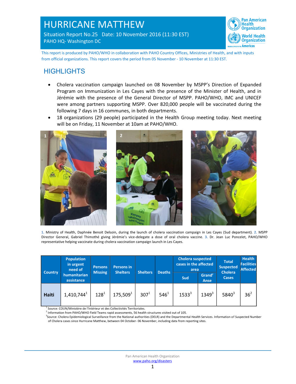 HURRICANE MATTHEW Situation Report No.25 Date: 10 November 2016 (11:30 EST) PAHO HQ- Washington DC