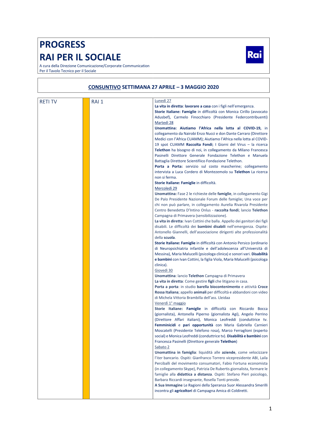 RAI PER IL SOCIALE E a Cura Della Direzione Comunicazione/Corporate Communication Per Il Tavolo Tecnico Per Il Sociale