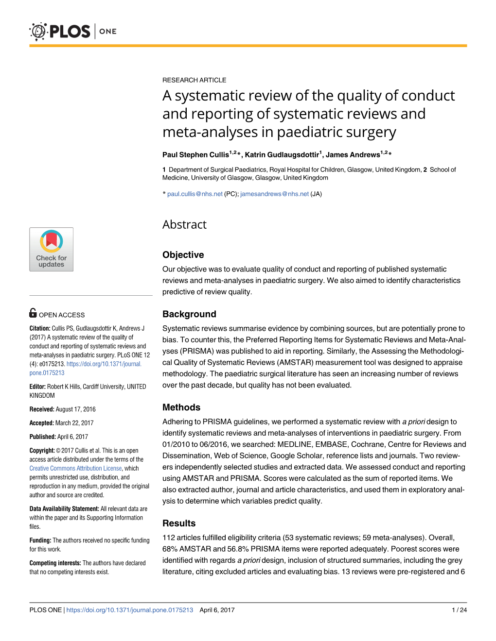 A Systematic Review of the Quality of Conduct and Reporting of Systematic Reviews and Meta-Analyses in Paediatric Surgery