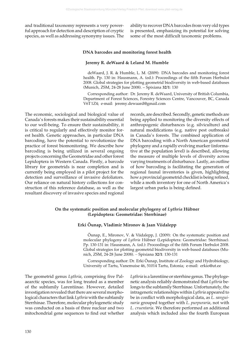 130 and Traditional Taxonomy Represents a Very Power- Ful Approach for Detection and Description of Cryptic Species, As Well As