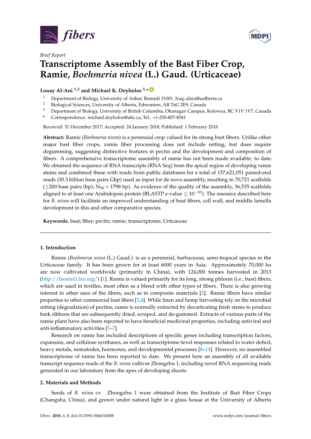 Transcriptome Assembly of the Bast Fiber Crop, Ramie, Boehmeria Nivea (L.) Gaud