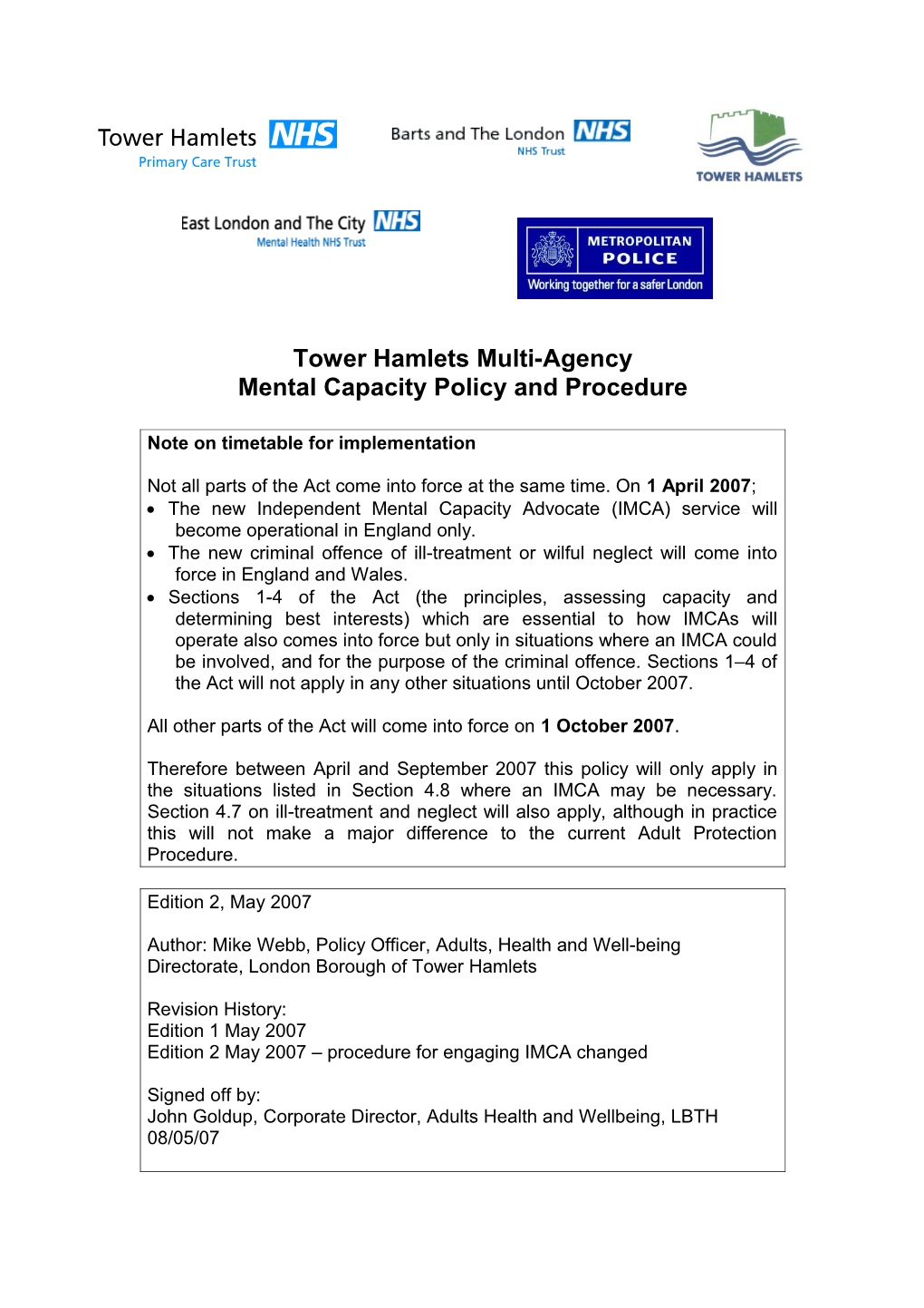 Tower Hamlets Multi-Agency Mental Capacity Act Policy and Procedure