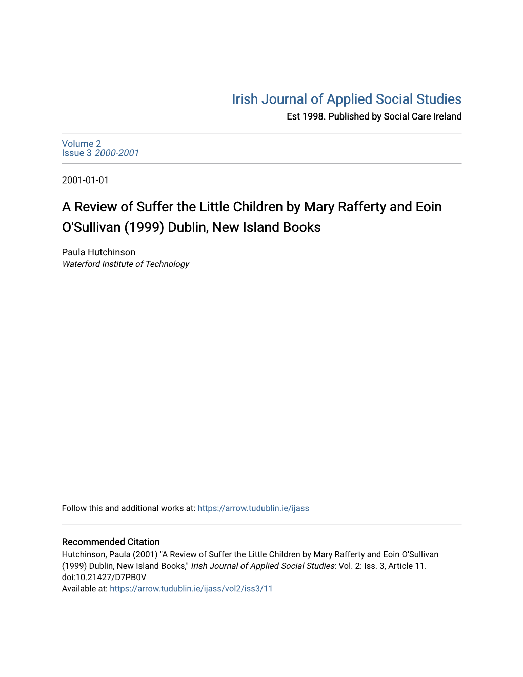A Review of Suffer the Little Children by Mary Rafferty and Eoin O'sullivan (1999) Dublin, New Island Books